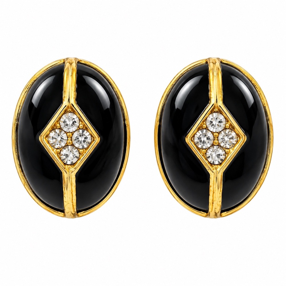 Vintage Black Enamel Gold Tone Oval Stud Earrings Rhinestone Diamond Motif